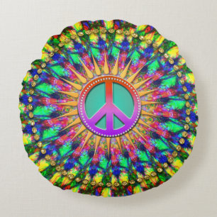 Coussins Ronds Décor d'énergie de paix groovy Sunshine psychédéli