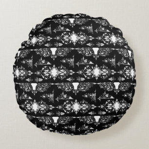 Coussins Ronds Décor d'ornement gothique antique noir blanc