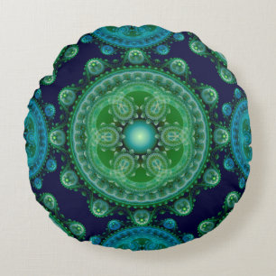 Coussins Ronds Décoration orientale bleue verte fractale