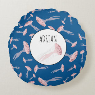 Coussins Ronds Deep Blue Ocean Jellyfish Motif Nom personnalisé