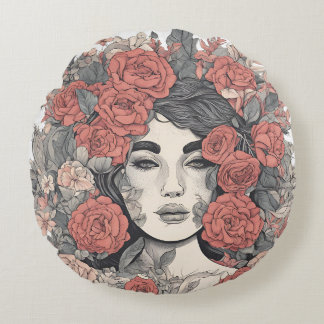 Coussins Ronds Déesse florale - Femme élégante avec Rose