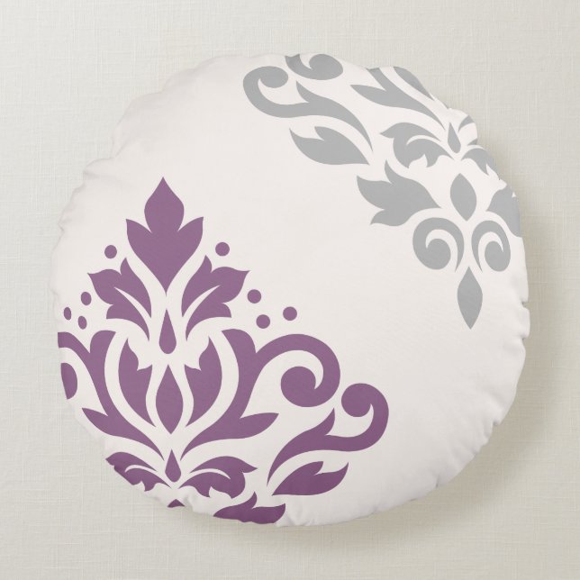Coussins Ronds Défiler Damask Art I Plum & Grey sur Crème (Devant)