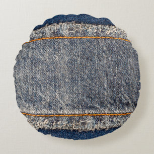 Coussins Ronds Denim blue jeans fabric frame. Bleached denim fabr