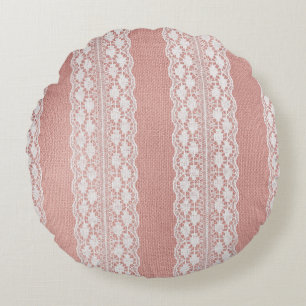 Coussins Ronds Dentelle blanc cassé sur Rose métallique en tissu 