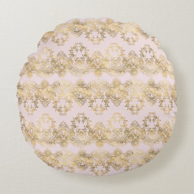 Coussins Ronds Dentelle rose et or (Devant)