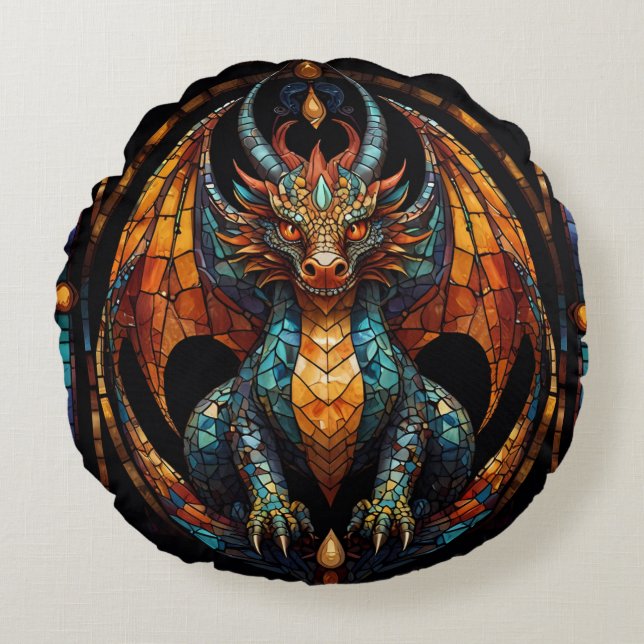Coussins Ronds Design Mosaïque en verre de dragon mignon (Devant)