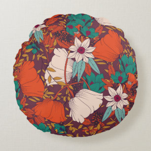 Coussins Ronds Design motif sans couture avec fleurs dessinées à 