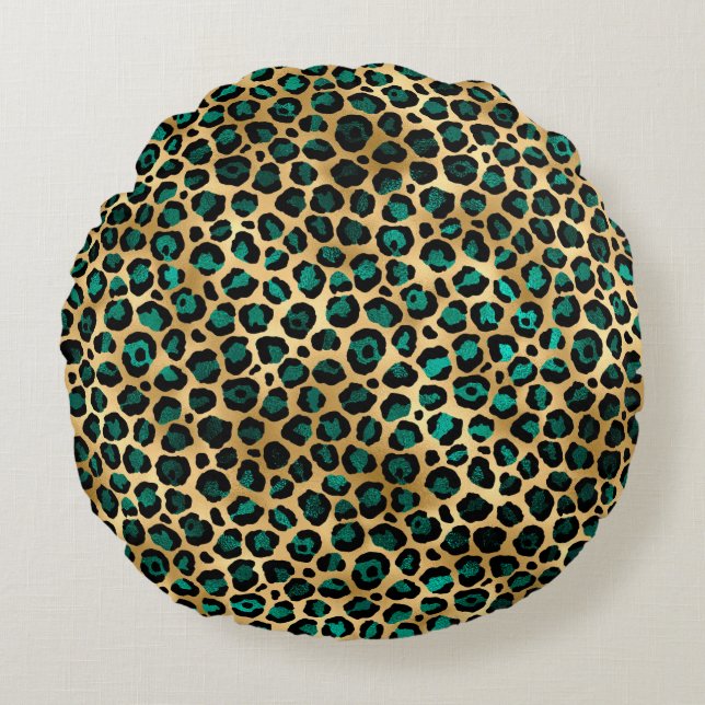 Coussins Ronds Design turquoise et Gold Leopard Series 14 (Devant)