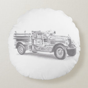 Coussins Ronds dessin au crayon vintage pour camion à feu