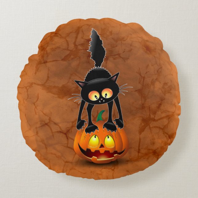 Coussins Ronds Dessin d'Halloween au chat effrayé sur Citrouille (Devant)