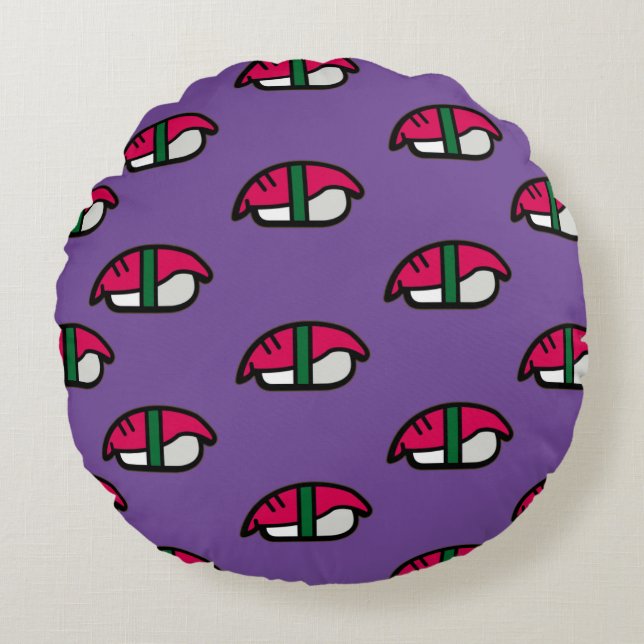 Coussins Ronds Dessin Kawaii Sushi, Riz de Poisson et Algues (Devant)