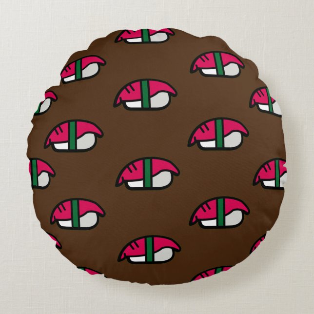 Coussins Ronds Dessin Kawaii Sushi, Riz de Poisson et Algues (Devant)