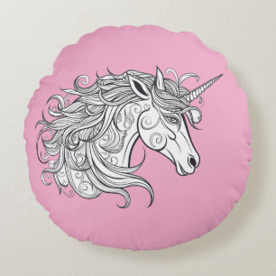 Coussins Ronds Dessin tête Unicorne (BGRD ROSE)