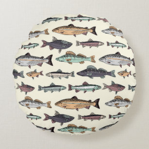 Coussins Ronds Dessins de poisson vintages, motif sans soudure.