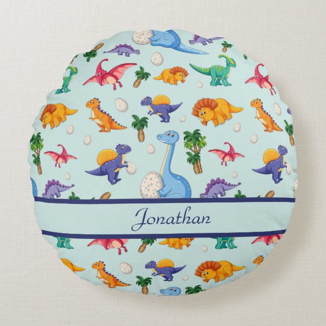 Coussins Ronds Dinosaures Cute personnalisés Bleu Garçon Bébé (Devant)