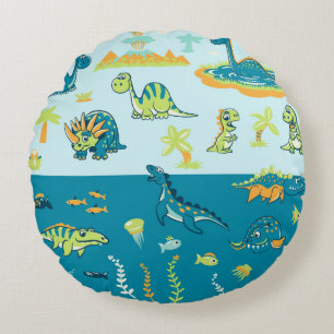 Coussins Ronds Dinosaures de dessin : Jeu de terre et de mer