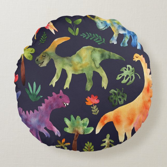 Coussins Ronds Dinosaures floraux : Aquarelle (Devant)