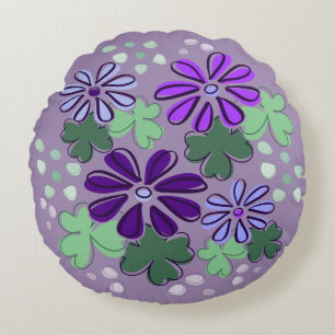 Coussins Ronds Doodle Abstrait vert et violet et trèfle et fleurs