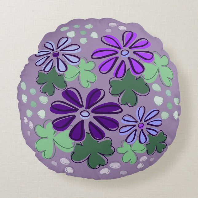 Coussins Ronds Doodle Abstrait vert et violet et trèfle et fleurs (Devant)