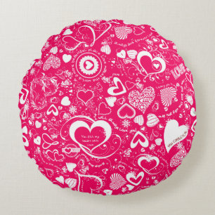 Coussins Ronds Doodles d'amour du coeur, oreiller rond rose-blanc