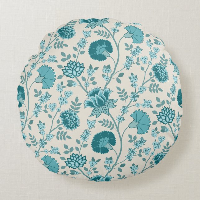 Coussins Ronds Dos de motifs floraux jacobéens sur crème (Devant)