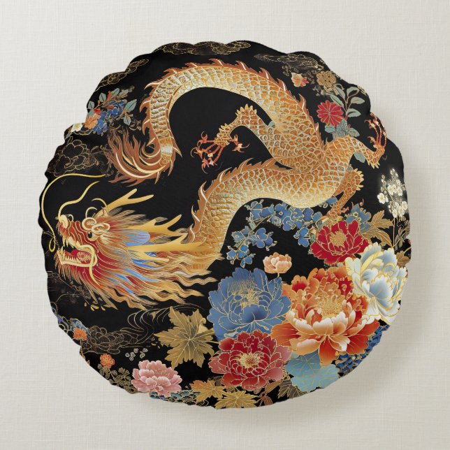 Coussins Ronds Dragon chinois et pivoines autour de l'oreiller à  (Devant)