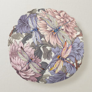 Coussins Ronds Dragonfly Peony rose clair violet français Floral
