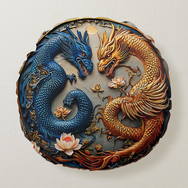 Coussins Ronds Dragons Bleus et Or en Yin Yang Design (Devant)