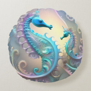Coussins Ronds Dreamy Seahorses Pastel Fractal Art,