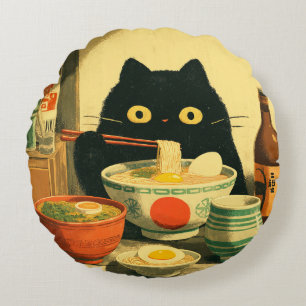 Coussins Ronds Drôle chat noir manger Ramen