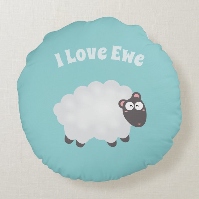 Coussins Ronds Drôle J'Aime Ewe mignonne Fluffy Blanc Mouton Whim (Dos)