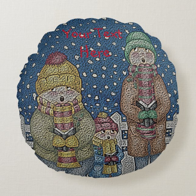 Coussins Ronds drôles chanteurs carol scène neige noël (Devant)