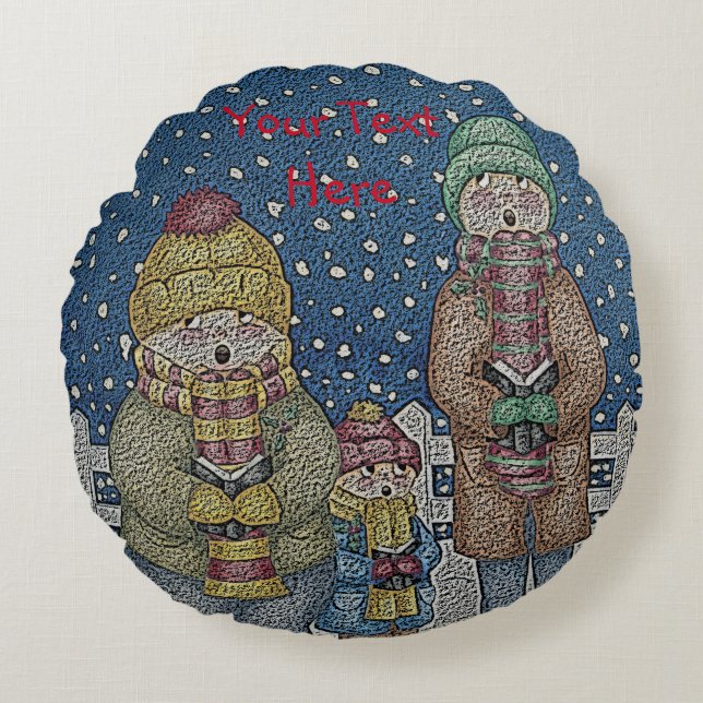 Coussins Ronds drôles chanteurs de carol scène de neige pour noël (Devant)