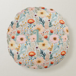 Coussins Ronds Dusty Blue Turquoise Floral Cottagecore Monogramme