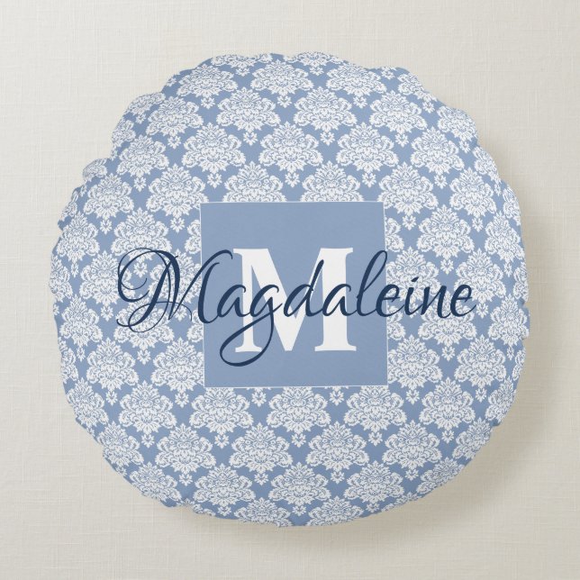 Coussins Ronds Dusty Blue & White Monogramme Nom Damask (Devant)