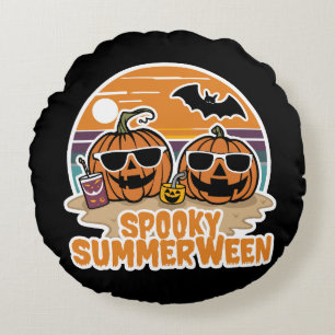 Coussins Ronds Éffrayant Summerween - citrouilles sur la plage