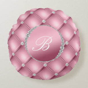 Coussins Ronds Élégance chic rose et diamants Monogramme