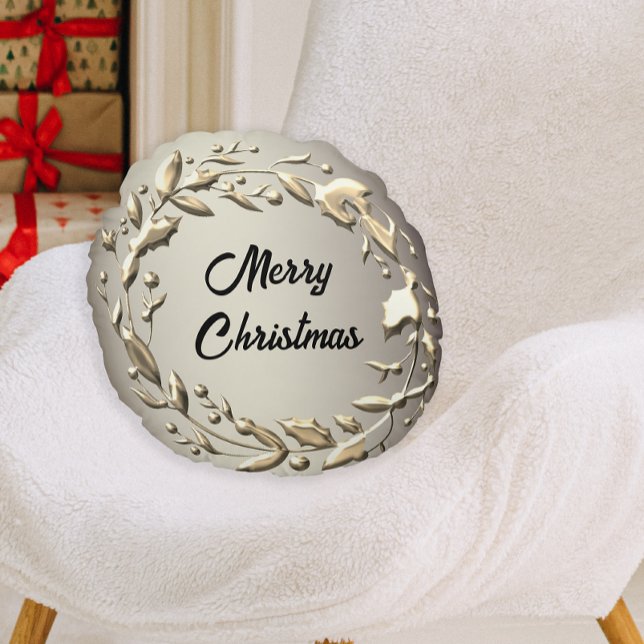 Coussins Ronds Élégance de Noël Métallurgie Holly Wreath (Créateur téléchargé)