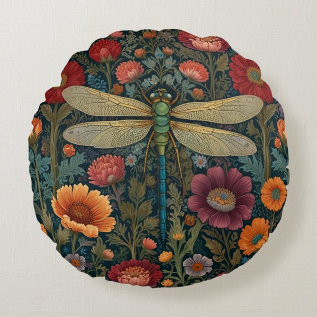 Coussins Ronds Elegant art nouveau Autumn floral Dragonfly (Devant)