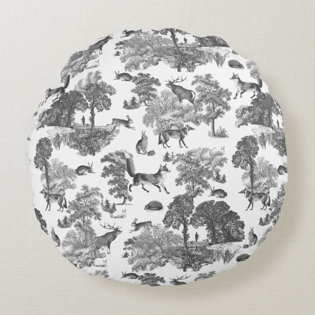 Coussins Ronds Elégant Black White Fox Rabbit Toile en bois (Devant)