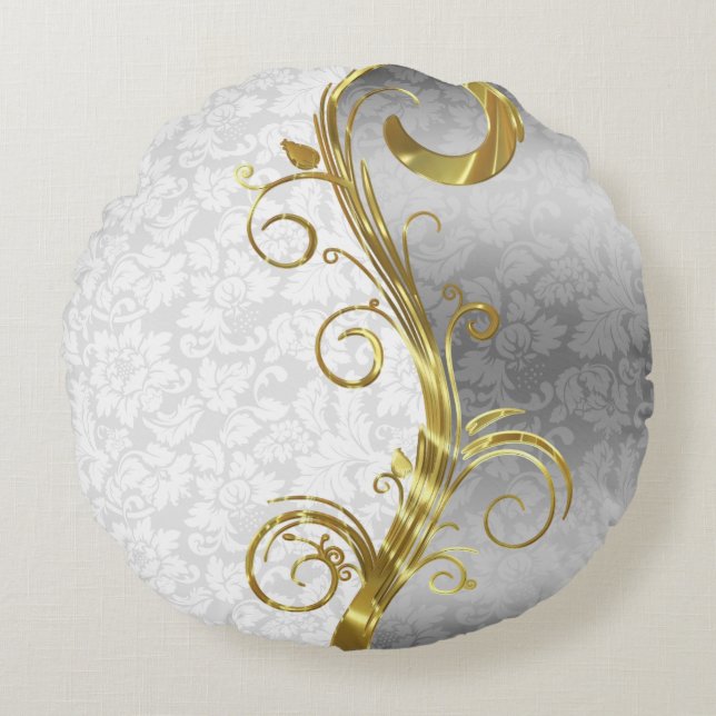 Coussins Ronds Elégant blanc Damas Gold & Silver (Devant)