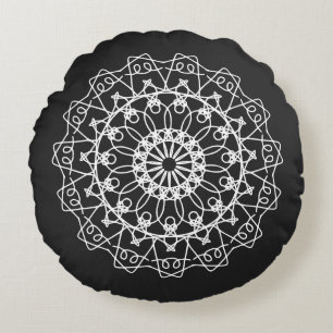 Coussins Ronds Elégant Boho noir blanc Mandala Art