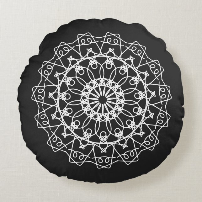 Coussins Ronds Elégant Boho noir blanc Mandala Art (Devant)