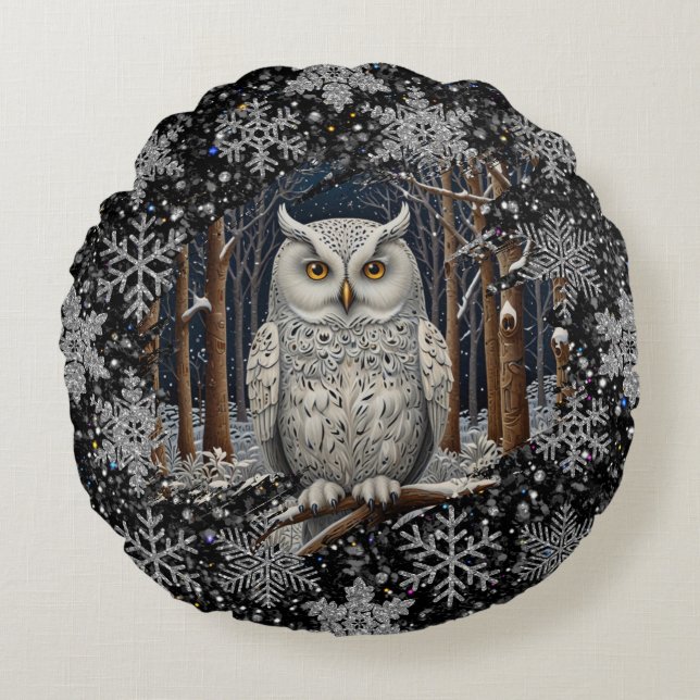 Coussins Ronds Elegant Christmas white owl woodland winter forest (Devant)