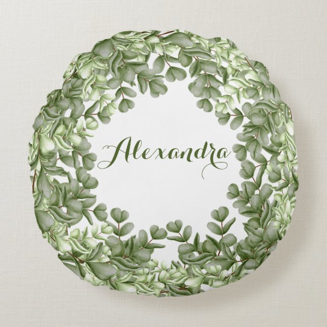 Coussins Ronds Elégant Eucalyptus vert couronne vert blanc (Devant)