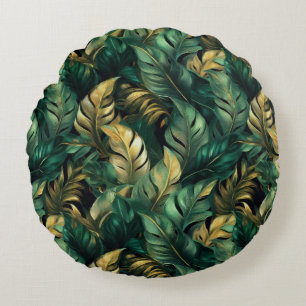 Coussins Ronds Élégant Feuilles de Monstera Vert et Or