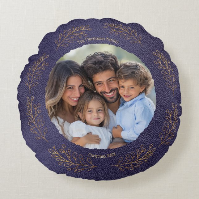 Coussins Ronds Elegant Golden Leaves Family Photo Christmas Blue (Devant)