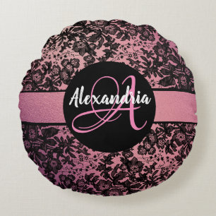 Coussins Ronds Élégant Monogramme floral noir rose