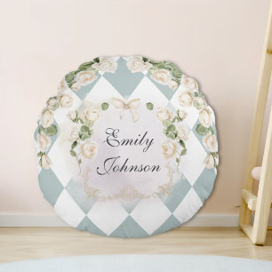 Coussins Ronds Élégant Monogramme Roses Blanches Feuilles Vertes