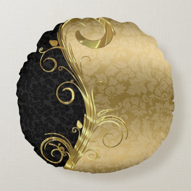Coussins Ronds Élégant noir Damas brunes d'or (Devant)